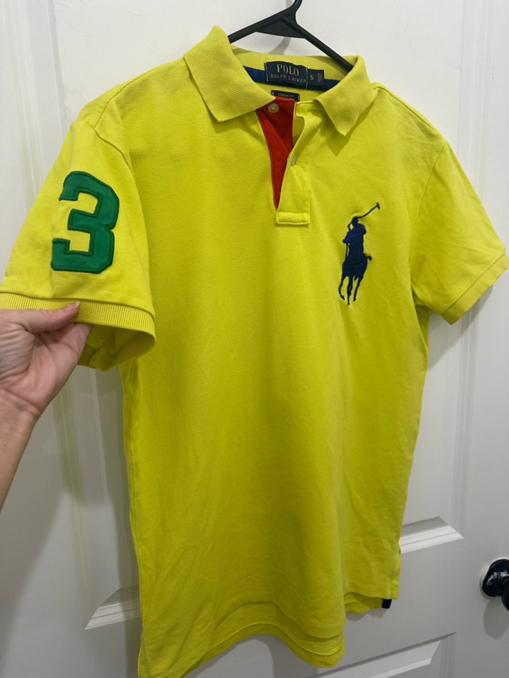 Ralph Lauren Yellow Polo Shirt with Green Sleeve Patch and Navy Logo